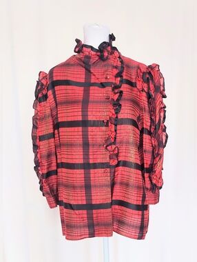 Pogia d. Polimeni Ruffle Collar Ruffle Sleeve Plaid Button Down Blouse Sz 12 VTG